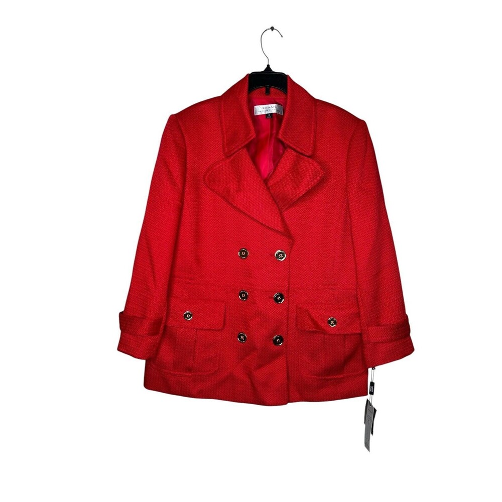 New Tahari Blazer 14 Red All Season Textured Jacket Gold Button NWT